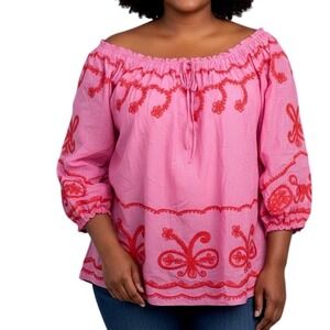Virginia Taylor XL‎ Off Shoulder Embroidered Top Pink Red Blouse Cotton Silk